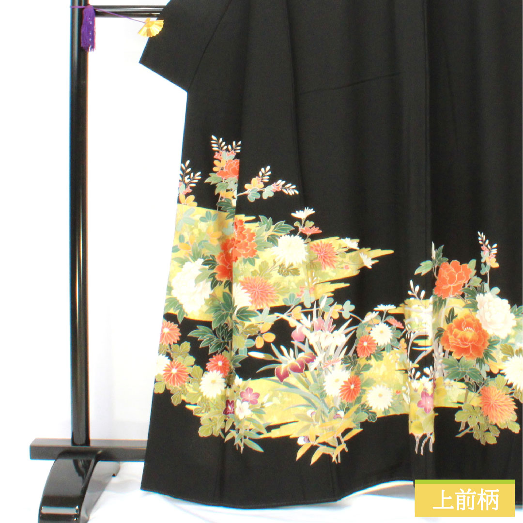 Black formal kimono, pure silk, length 162cm, sleeve length 66cm, lined, Kyoto yuzen, floral pattern, artist's work, five crests, circle with oak leaves, A rank, black, 1111001613410