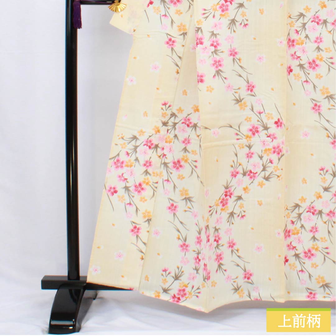 浴衣 木綿 身丈160cm 裄丈66.5cm Aランク 単衣 クリーム系 東京白茶色（とうきょうしらちゃいろ） 桜 1118006033415