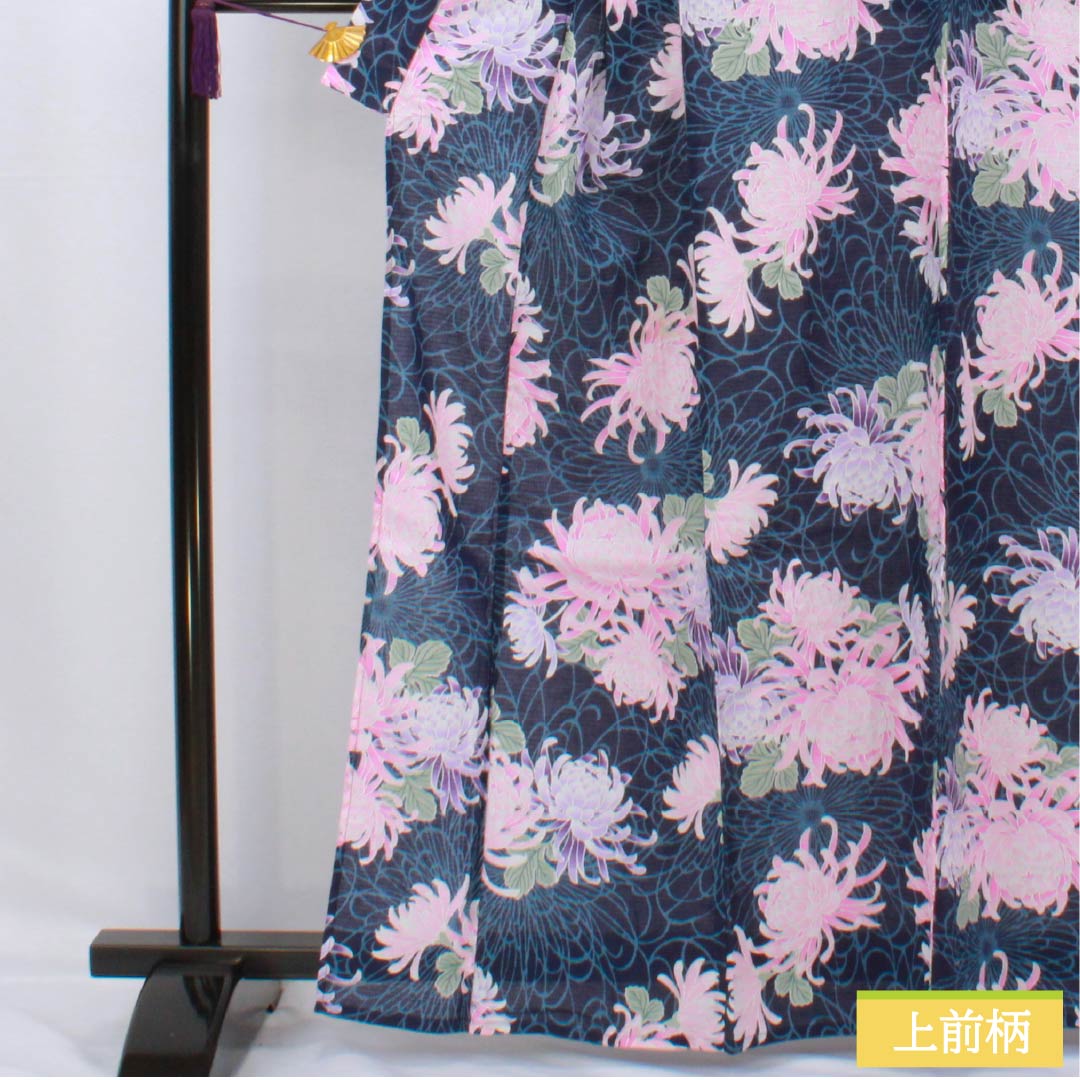 Cotton Yukata, Length 164.5cm, Sleeve Length 63cm, Rank A, Single Layer, Navy Blue, Chrysanthemum Design, Item Number 1118006673418