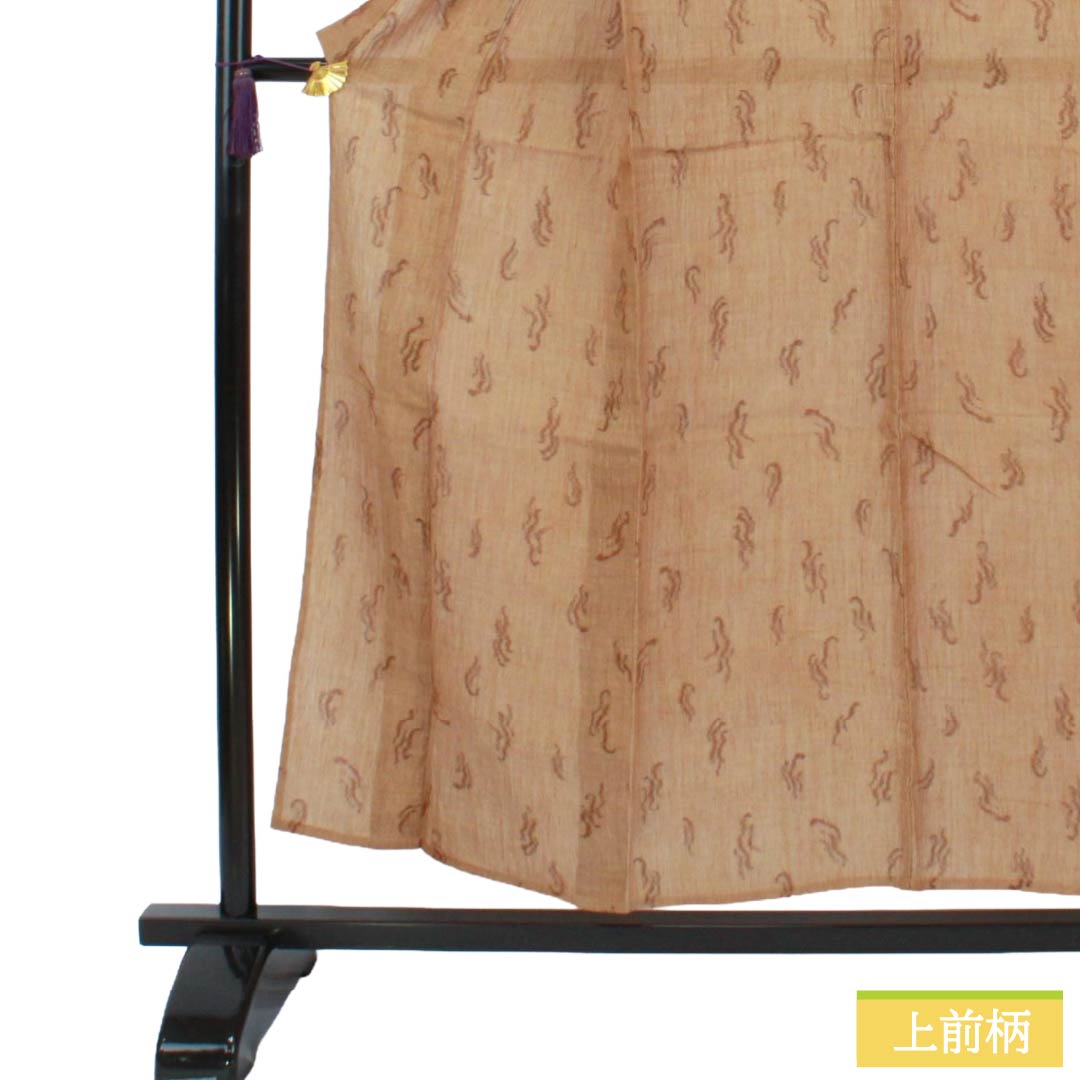 夏物 麻 紬 Sランク 身丈153.5cm 裄丈62cm 薄茶色（うすちゃいろ） 小千谷縮 抽象模様 紗 茶系 1132003792214