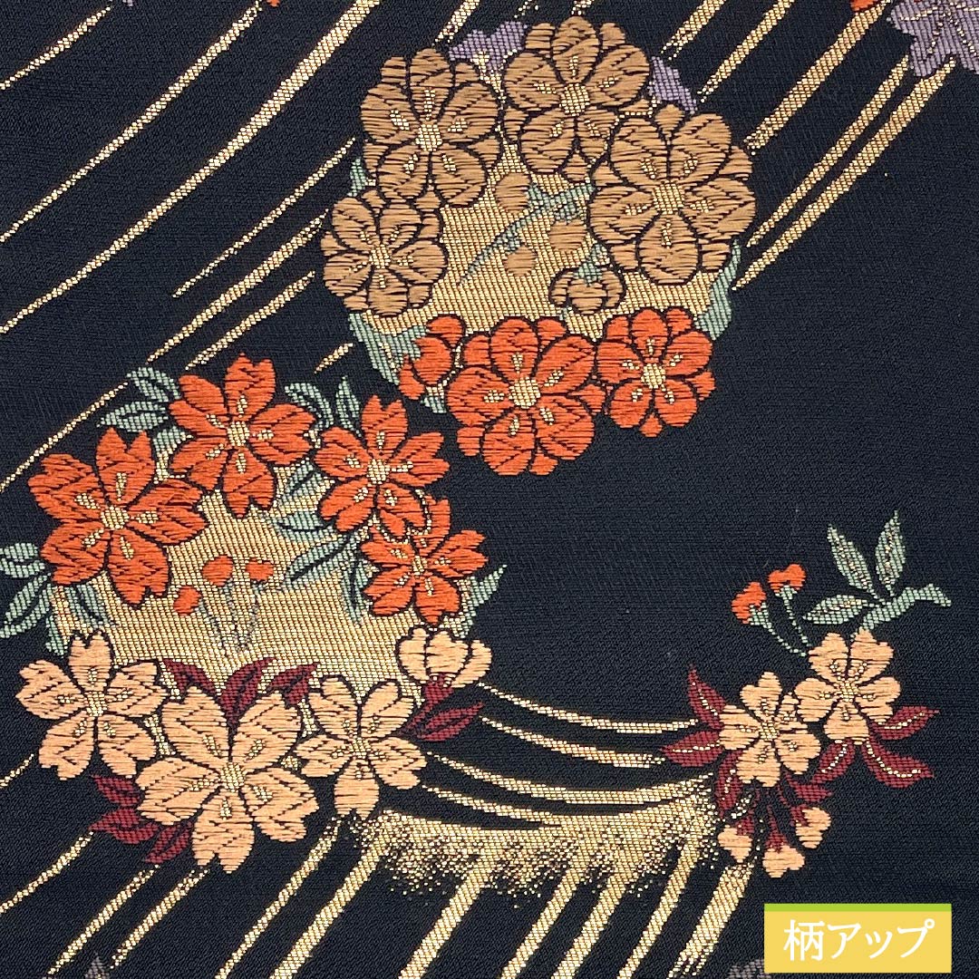 半幅帯 ポリエステル Sランク 黒色（くろいろ） 花柄 芝草 広幅 帯丈345cm 黒系 1125003482310
