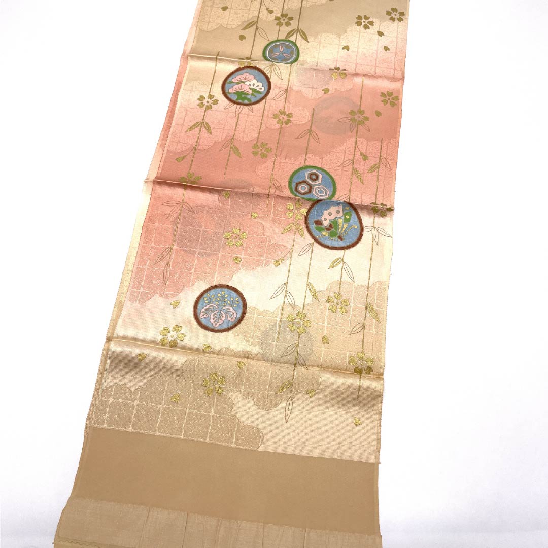 Obiage Silk S Rank Semi-formal Light Persimmon Orange, Dawn Red, Round Crest, Cherry Blossoms, Length approx. 170cm, Width approx. 30cm, Beige-toned, 1136004572925