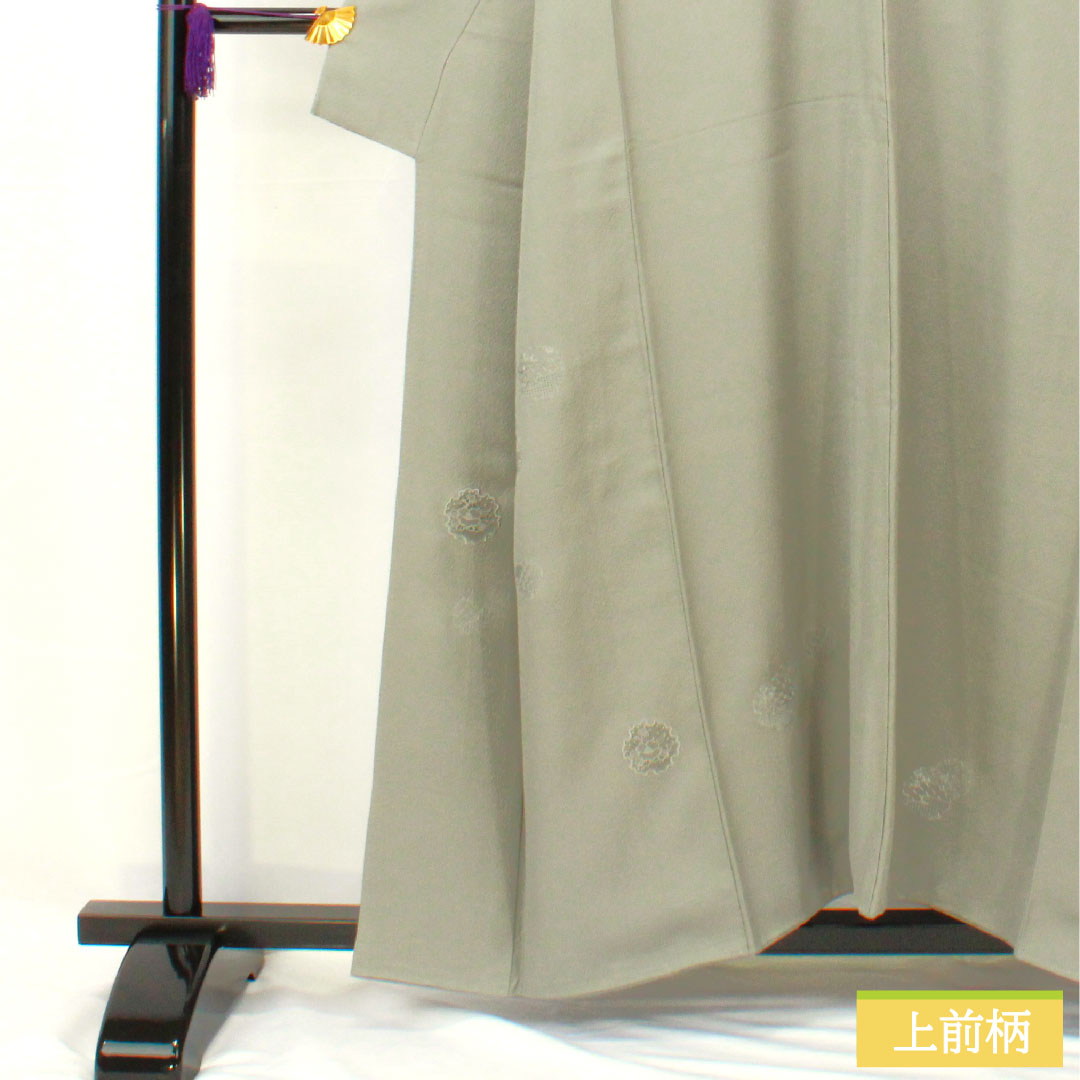 訪問着 正絹 袷 身丈156cm 裄丈62.5cm 灰色（はいいろ） 汕頭刺繡 一つ紋 片喰 雪輪 椿 Sランク グレー系 1112005022322