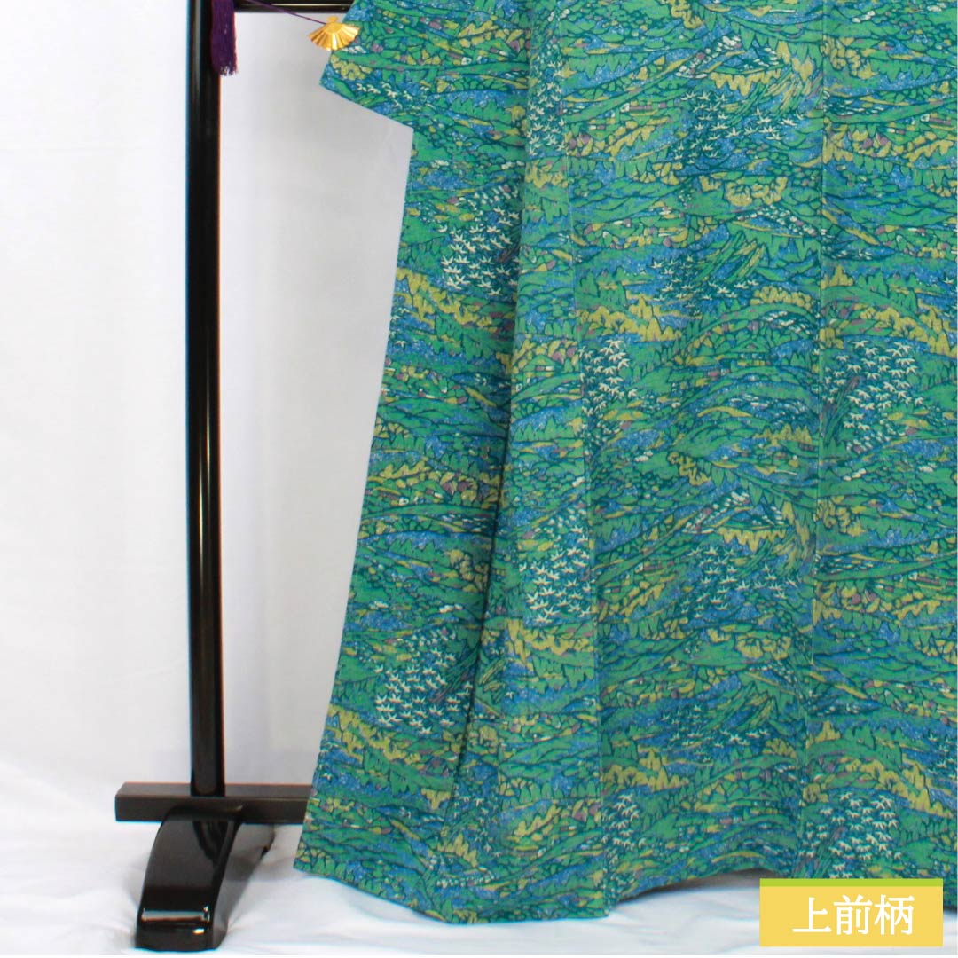 Komon, pure silk, length 164.5cm, sleeve length 68cm, lined, dewdrop color, stencil dyeing, landscape painting style, Shiawase Guard, S rank, blue, 1115005422417