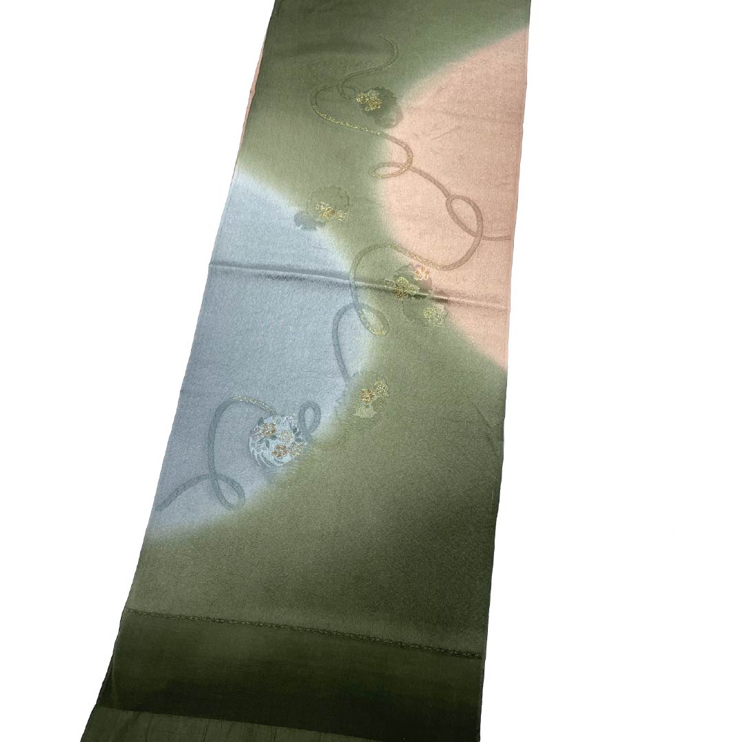 帯揚げ 正絹 Sランク セミフォーマル 岩井茶色（いわいちゃいろ） 雪輪 紐 長さ約174cm 幅約29cm 緑系 1136004292919
