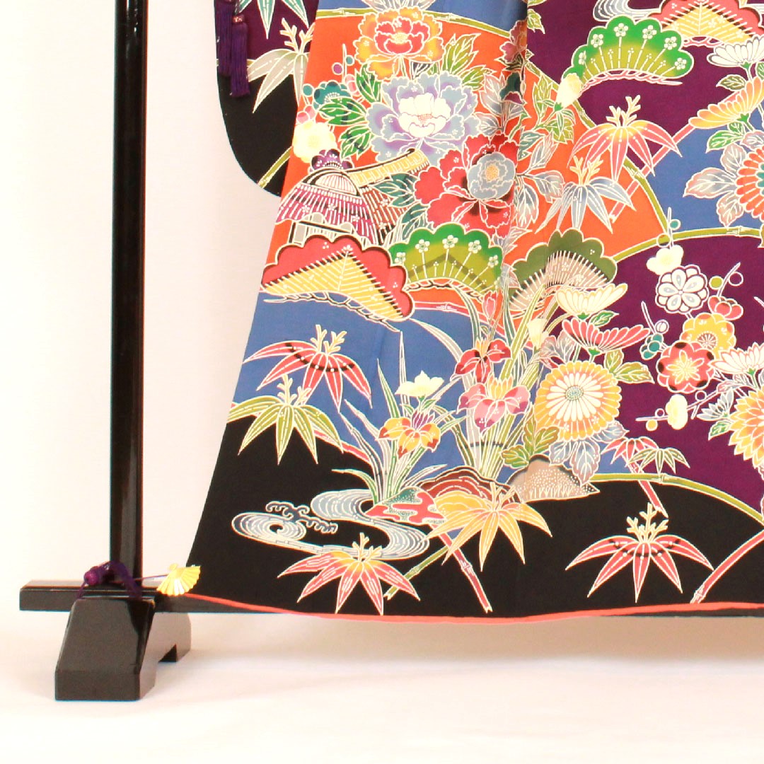 振袖 身丈160cm 裄丈68cm 袷  京紅型 松竹梅  正絹 Aランク 黒系 1113000363410