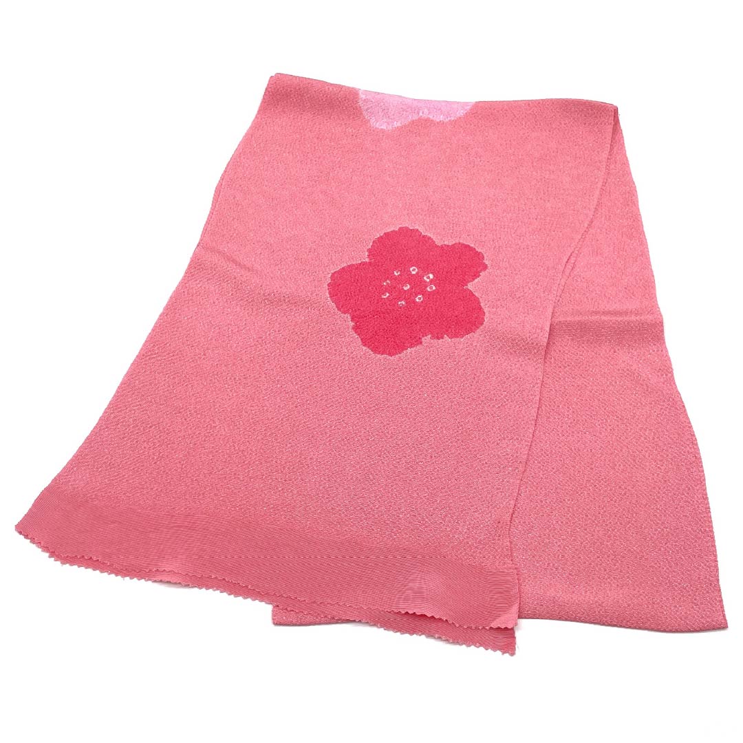 帯揚げ ちりめん カジュアル 中紅花色（なかのくれないいろ） 絞り 梅 花柄 長さ約164cm 幅約27cm Sランク ピンク系 1136000322913