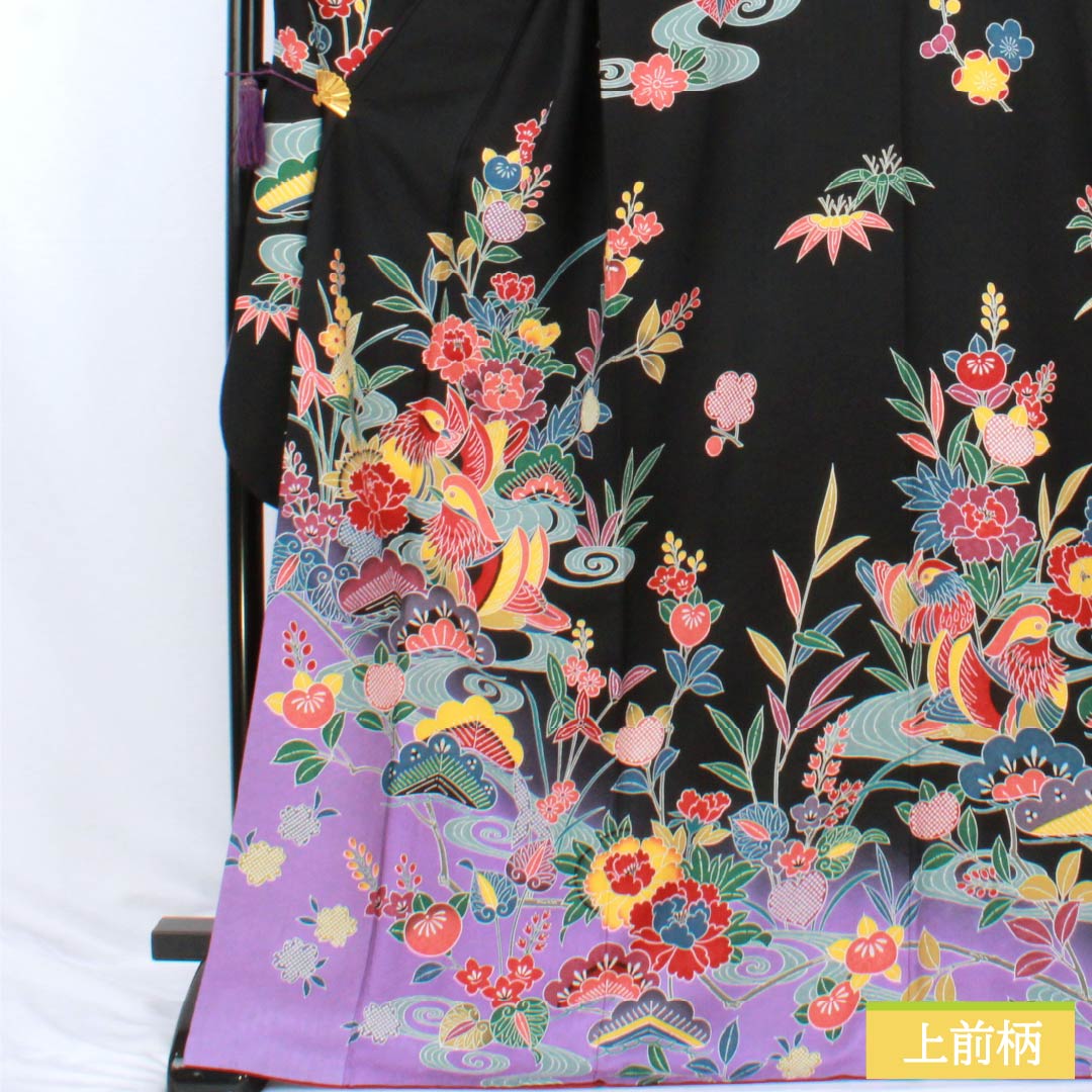 振袖 正絹 Sランク 身丈170cm 裄丈70cm 袷 黒色 京紅型 吉祥文様 七宝 桜 黒系 1113002932610