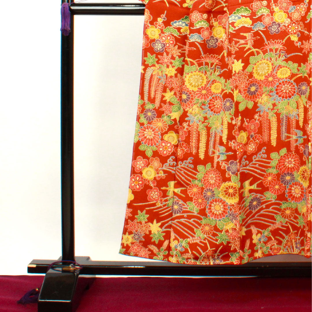 小紋 身丈154cm 裄丈61cm 袷  猩々茶色 型染 菊 梅 草花模様  正絹 Sランク 茶系 1115002652214