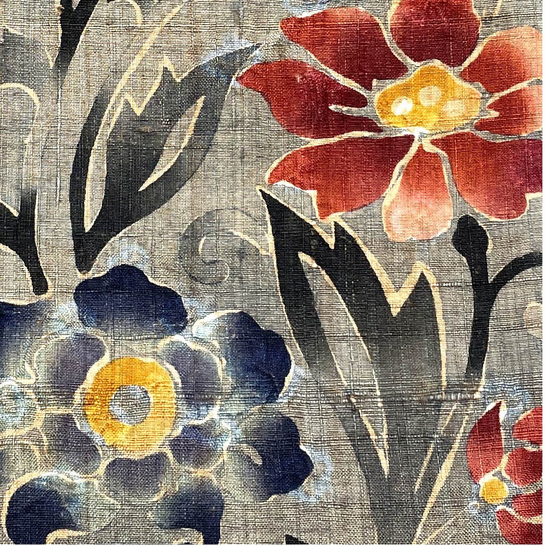 袋帯 消炭鼠色（けしずみねずみいろ） 草花模様 紬染帯 縞模様 紬地 帯丈456cm 正絹 Aランク ポイント柄 カジュアル グレー系 1123008043422