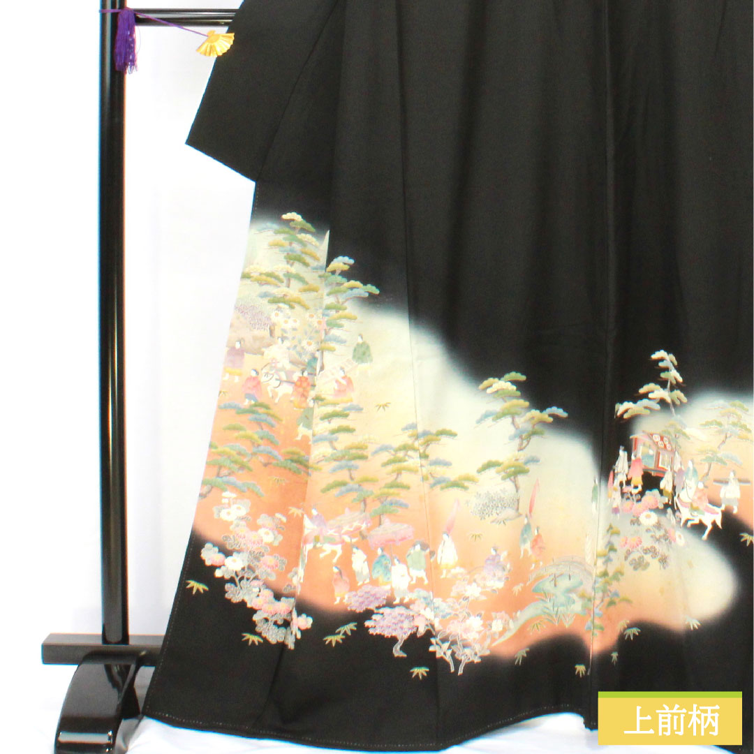 Black formal kimono, pure silk, length 165cm, sleeve length 66cm, lined, Kyoto yuzen, period figure and landscape pattern, artist's work, five crests, five-three paulownia, A rank, black, 1111001633510