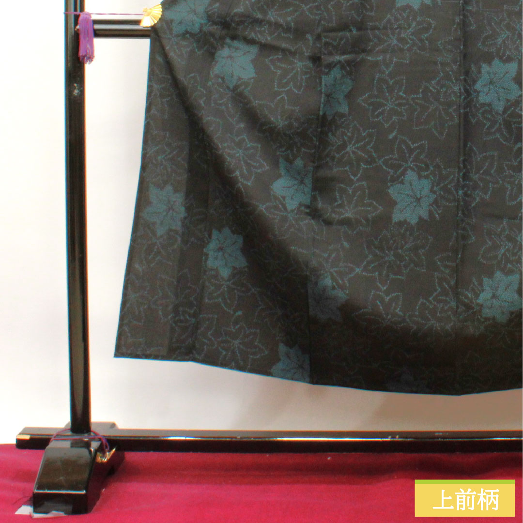 紬 正絹 身丈151.5cm 裄丈62cm  紅葉 Aランク 単衣 黒系 1116003153210