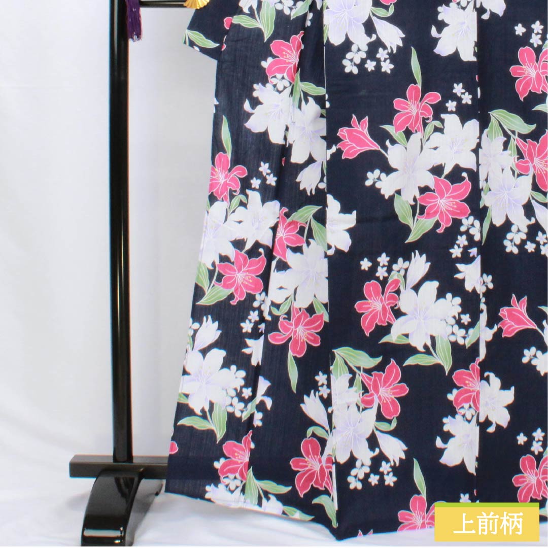 浴衣 木綿 身丈166cm 裄丈65cm Aランク 単衣 紺系 紺色（こんいろ） 百合 INGNI イング 1118006173518