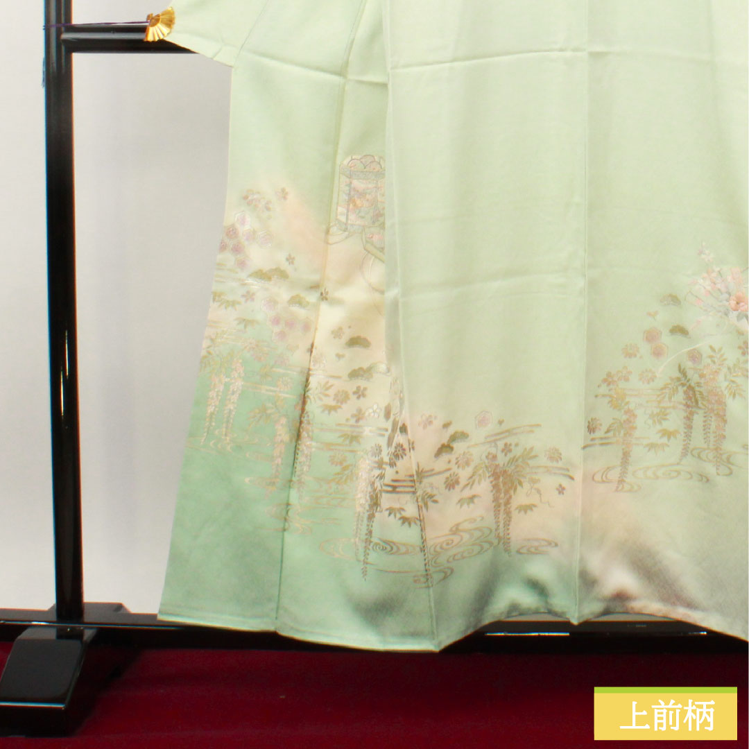 訪問着 正絹 袷 身丈155.5cm 裄丈63.5cm 白緑色（びゃくろくいろ） 金彩友禅 松 藤 貝桶 Sランク 緑系 1112004902319