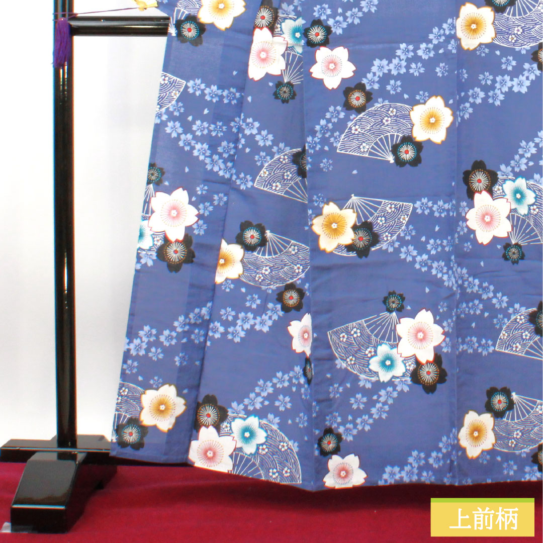浴衣 木綿 身丈160cm 裄丈64cm Sランク 単衣 青系 江戸納戸色（えどなんどいろ） 桜 扇子 1118005192417