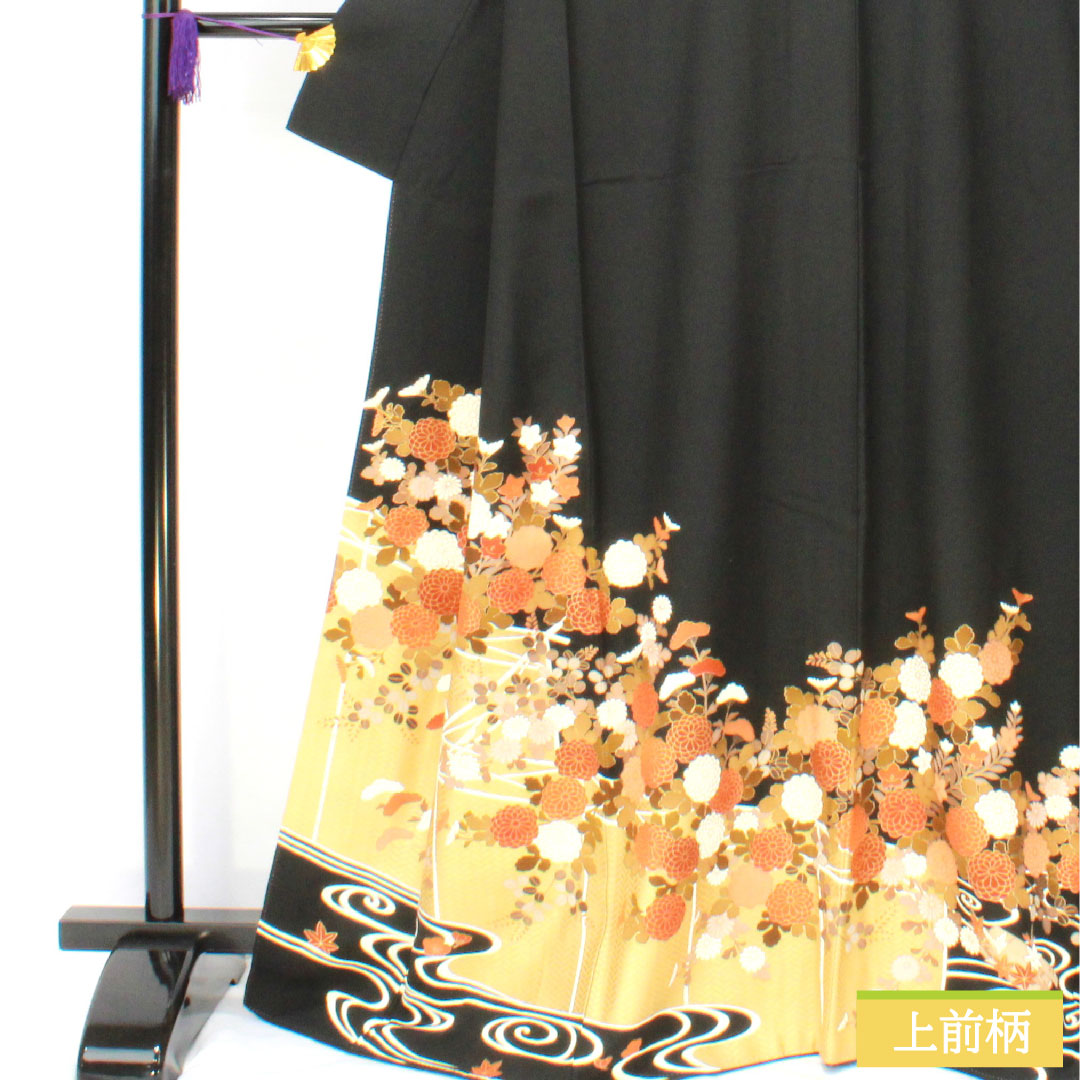 Black formal kimono, pure silk, length 167cm, sleeve length 67cm, lined, Kyoto yuzen, floral pattern, five crests, plum blossom, S rank, black, 1111001642510