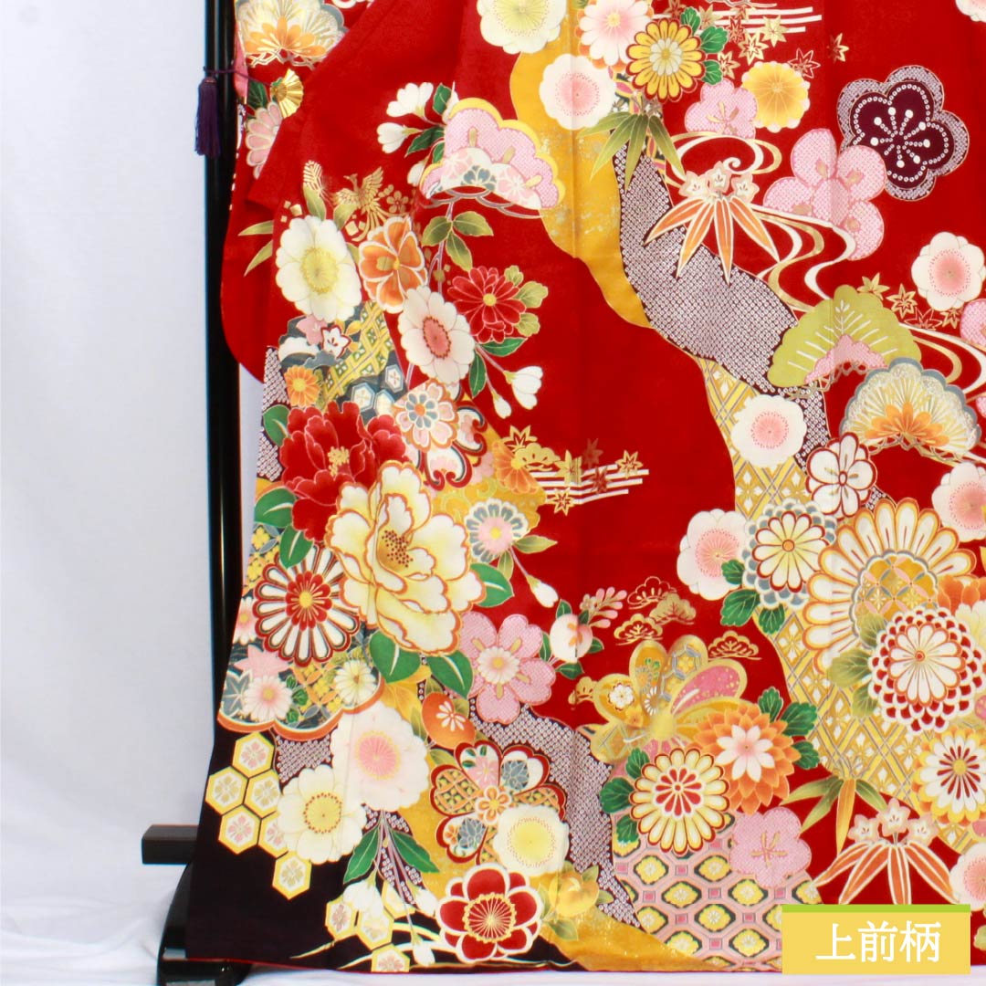 振袖 正絹 Sランク 身丈170.5cm 裄丈67.5cm 袷 真紅色（しんくいろ） 京友禅 吉祥文様 松竹梅 菊 ECOガード加工 赤系 1113002602612