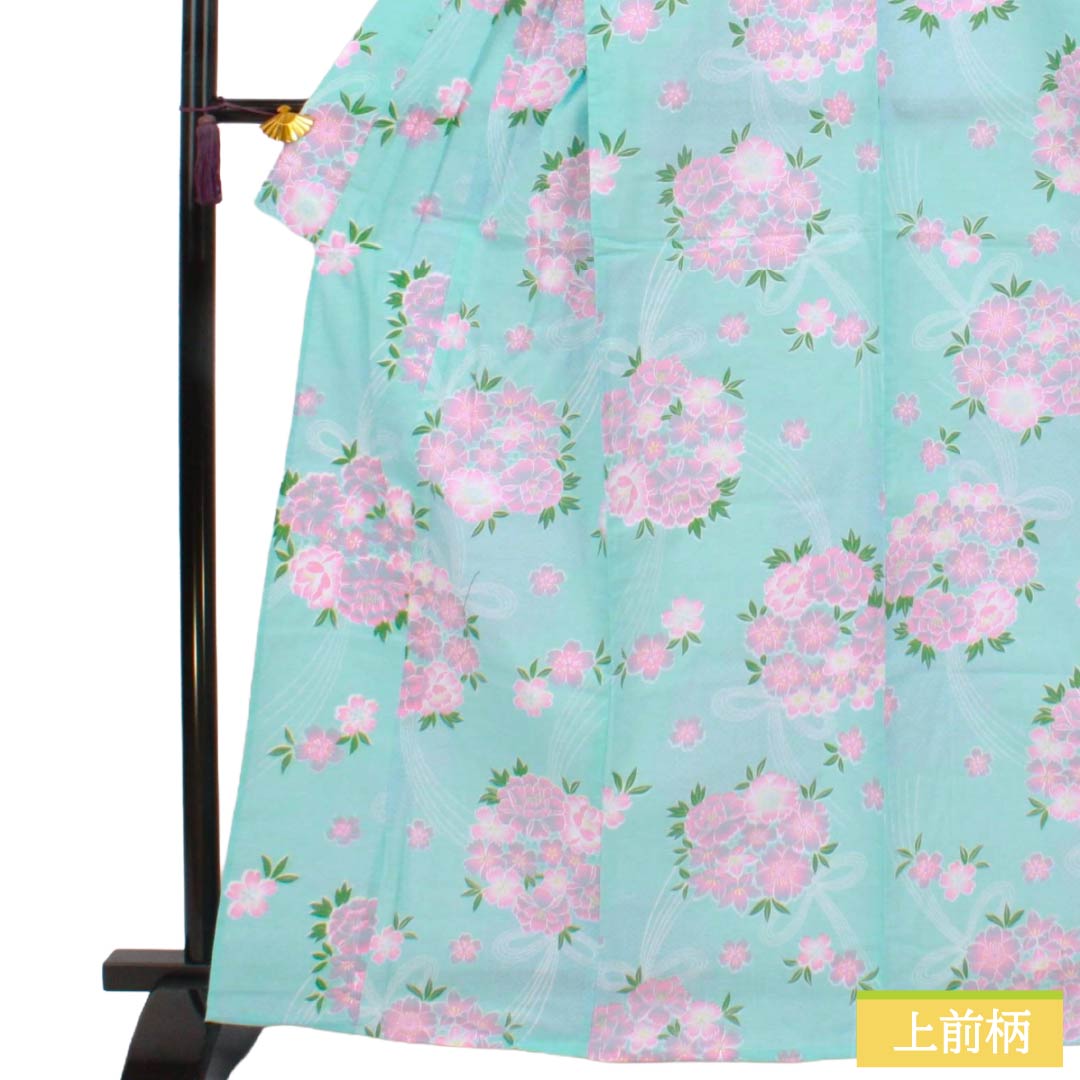 浴衣 木綿 Sランク 身丈165.5cm 裄丈66cm 桜 単衣 水色系 1118007072524