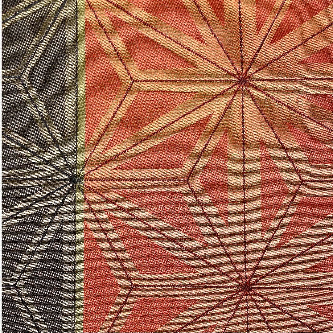 （未仕立）半幅帯 木綿 牛血紅色（ぎゅうけつこういろ） 麻の葉 幾何学模様 帯丈388cm 朱系 Sランク 1125001242316