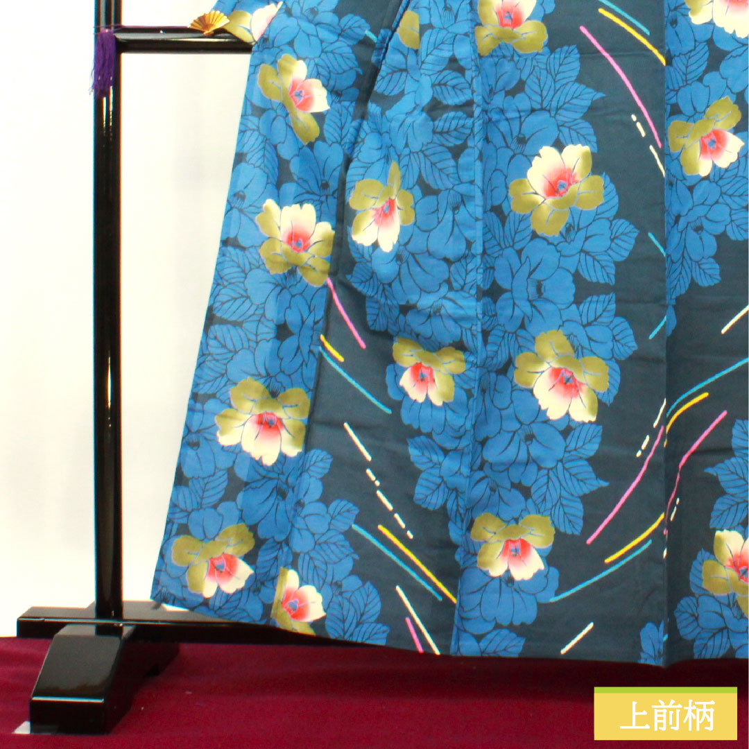 浴衣 木綿 身丈161cm 裄丈65.5cm Sランク 単衣 紺系 紺鉄色（こんてついろ） 山茶花 1118005172418