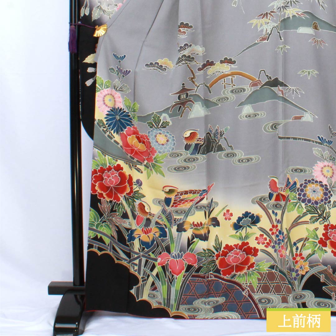 新品　最高級本振袖　京紅型巨匠宮崎良次先生作品 振袖用高級唐織袋帯　フルセット 京紅型 振袖 グレー 松 宮崎良次 古典