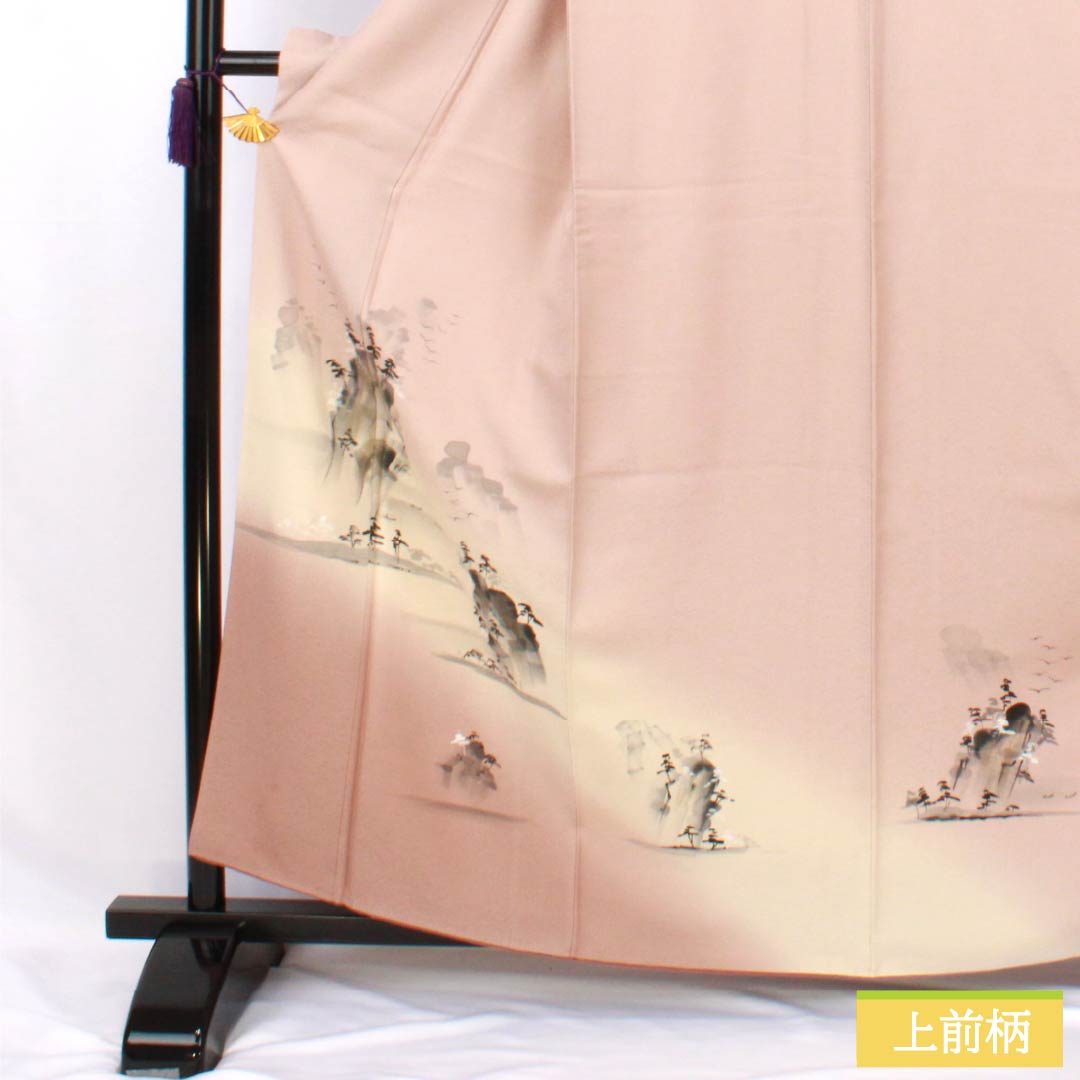 Visiting Kimono, Pure Silk, Grade A, Lined, Length 160cm, Sleeve Length 64cm, Faded Red (Arasomeiro), Hand-painted Landscape Painting, Pink, Product Number: 1112007153413