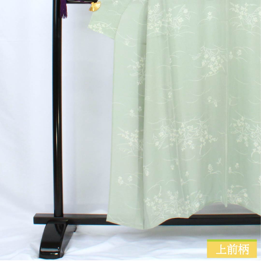 夏物 正絹 小紋 身丈153cm 裄丈62cm 白緑色（びゃくろくいろ） 京友禅 秋草 三松シルクケア 絽 Aランク 緑系 1132002093219