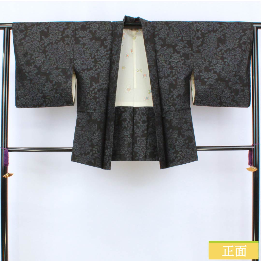 羽織 正絹 Sランク 身丈75.5cm 裄丈62.5cm 村山大島 花 羽織紐付き 袷 黒系 1117001352910