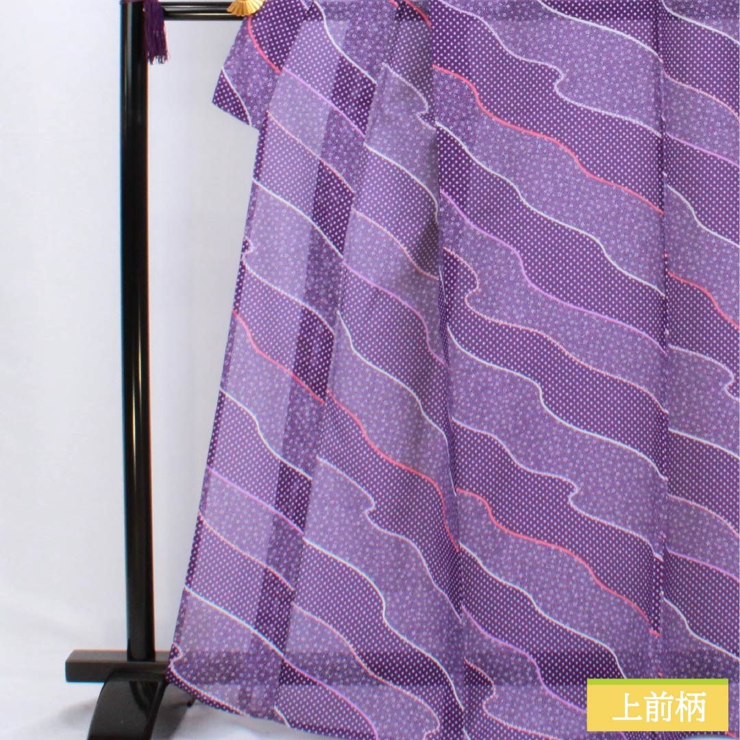 夏物 ポリエステル 小紋 身丈167.5cm 裄丈68.5cm 紫色（むらさきいろ） 小花模様 道長取り 洗える着物 絽 Sランク 紫系 1132002522520