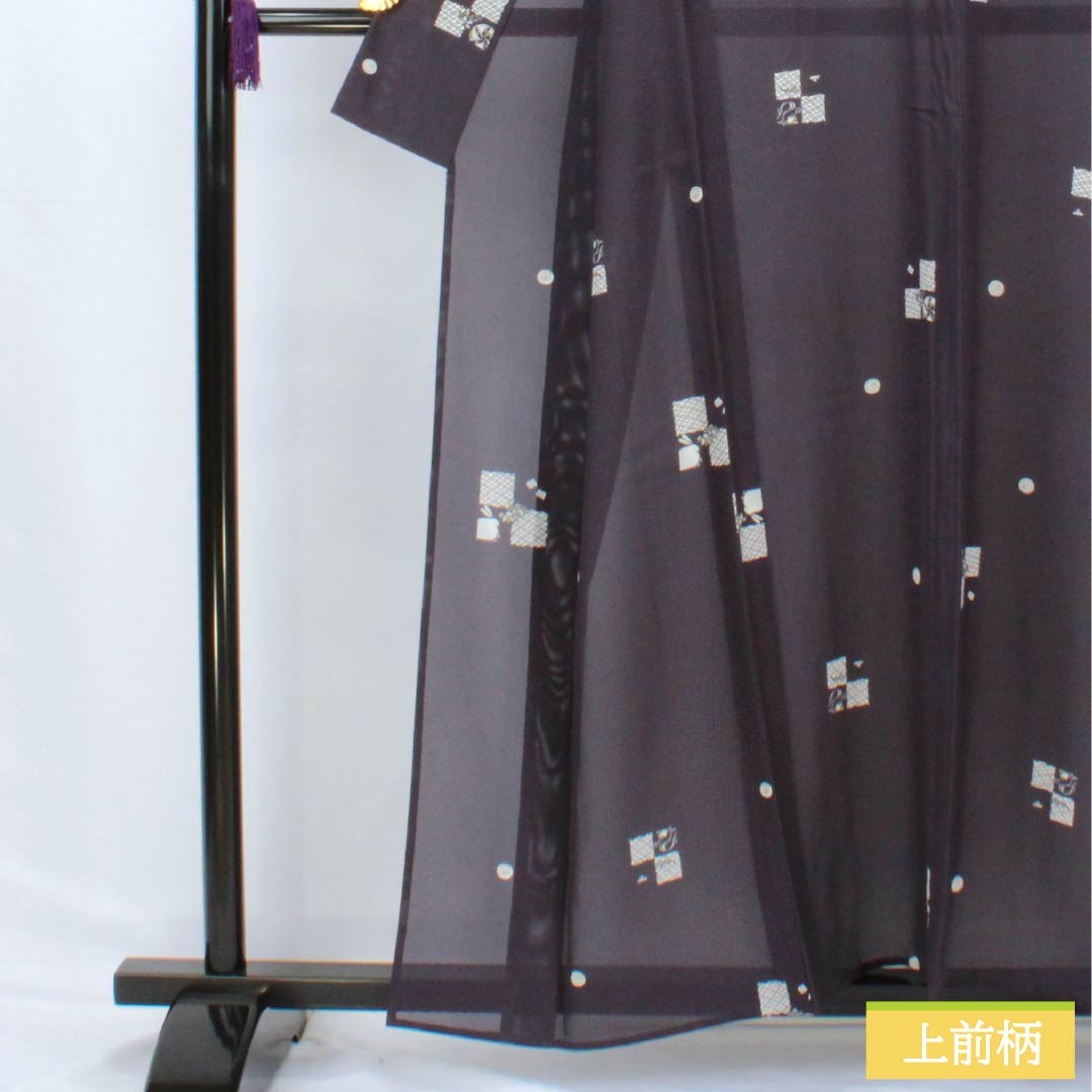 夏物 正絹 小紋 身丈158cm 裄丈67cm 褐色（かちいろ） 型染 飛び市松 古典柄 絽 Sランク 紫系 1132002802320