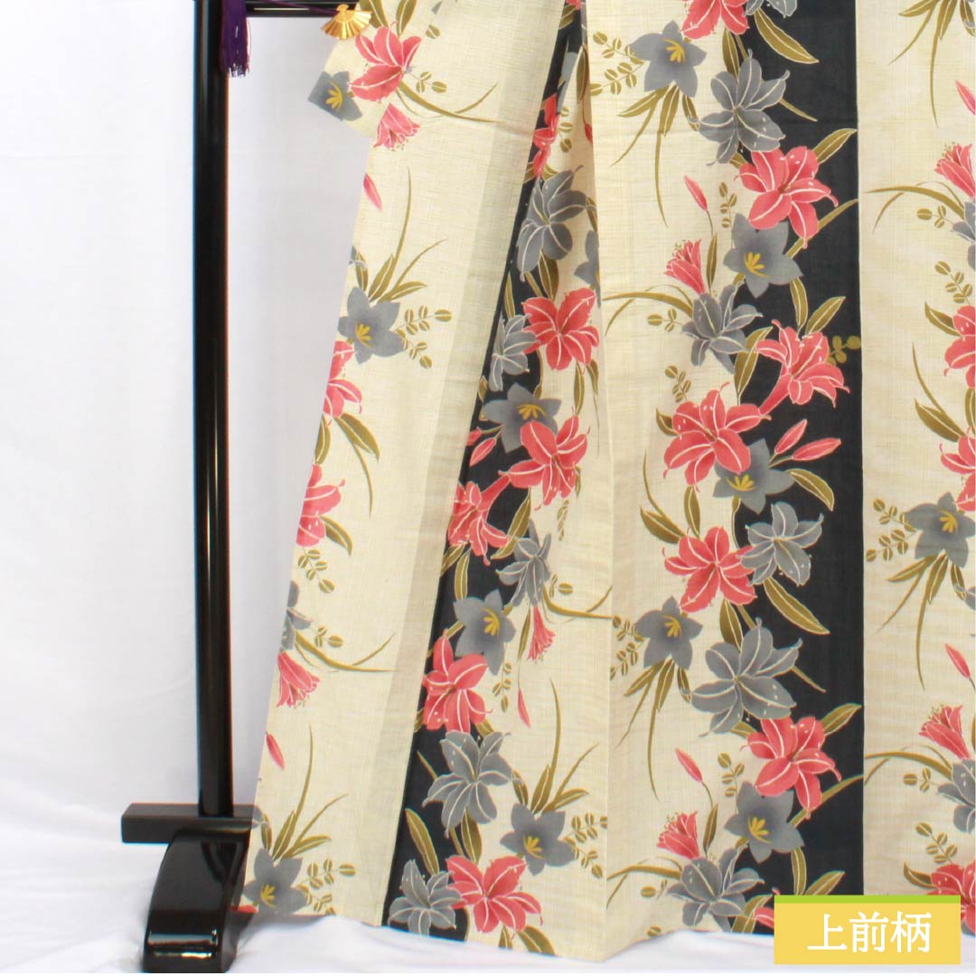 浴衣 綿麻 身丈166.5cm 裄丈69.5cm Aランク 単衣 ベージュ系 牙黄色（げおういろ） 百合 桔梗 1118005443525