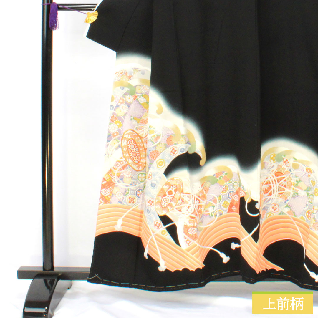 Black formal kimono, pure silk, length 157cm, sleeve length 62cm, lined, Kyoto yuzen, auspicious motif, five crests, circle with different arrow feathers, A rank, black, 1111001763310