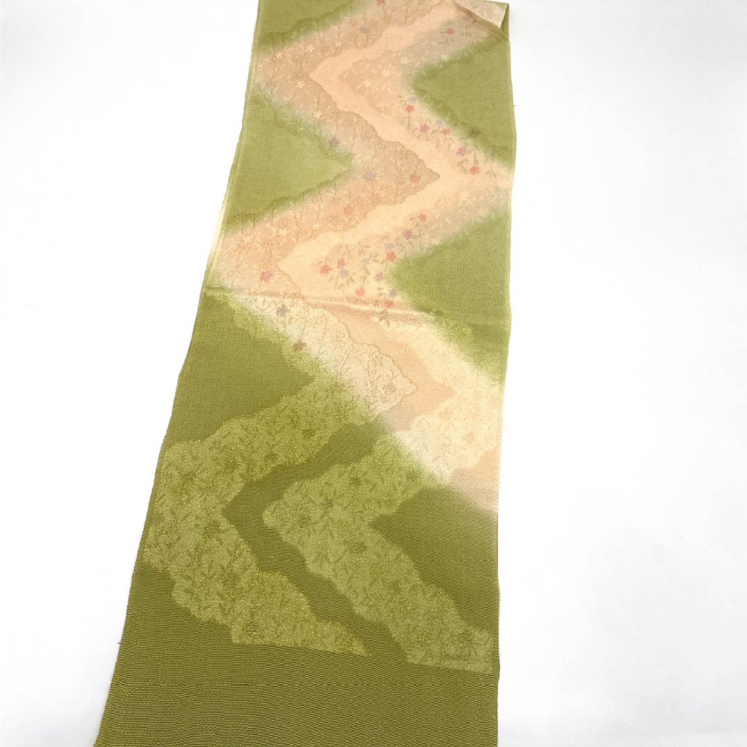 Obiage silk S-rank semi-formal light greenish-brown, faint stripes, floral, chirimen, length approx. 178cm, width approx. 29cm, green family, 1136004242919