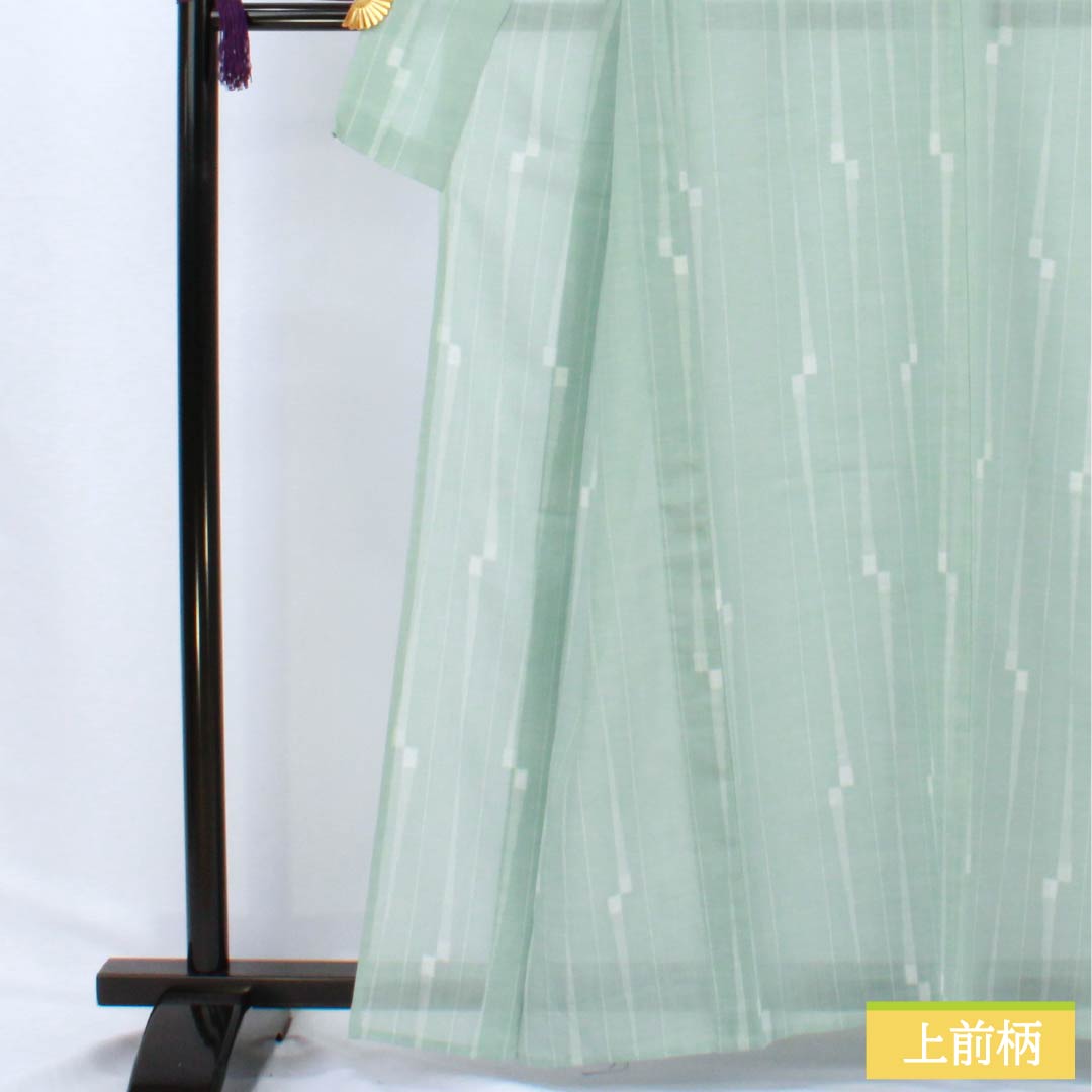 夏物 ポリエステル 小紋 身丈163cm 裄丈65cm 薄水色（うすみずいろ） 縞 洗える着物 紗 Sランク 緑系 1132002662419
