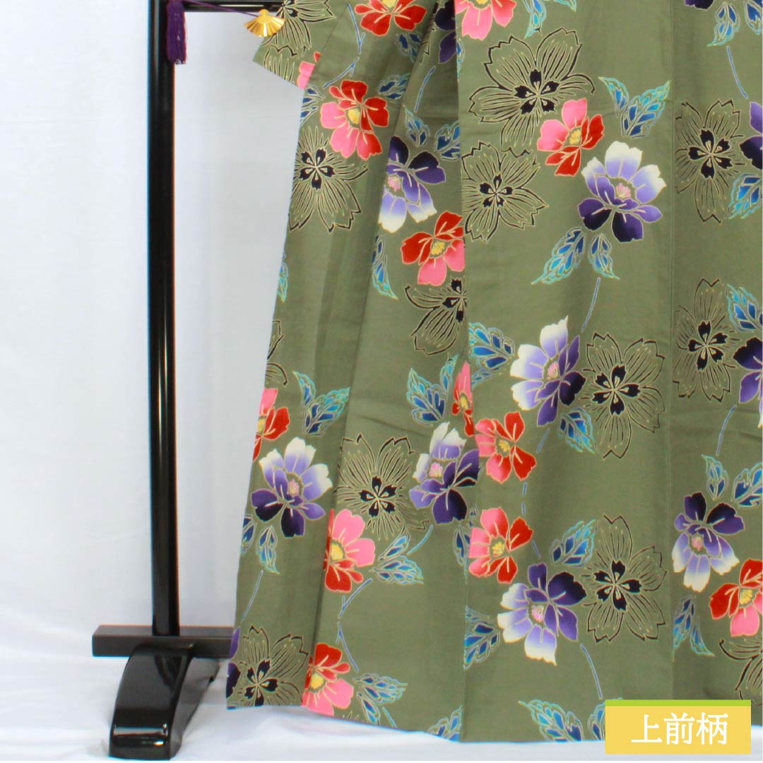 浴衣 木綿 身丈167.5cm 裄丈66.5cm Sランク 単衣 緑系 岩井茶色（いわいちゃいろ） ハイビスカス 1118005262519