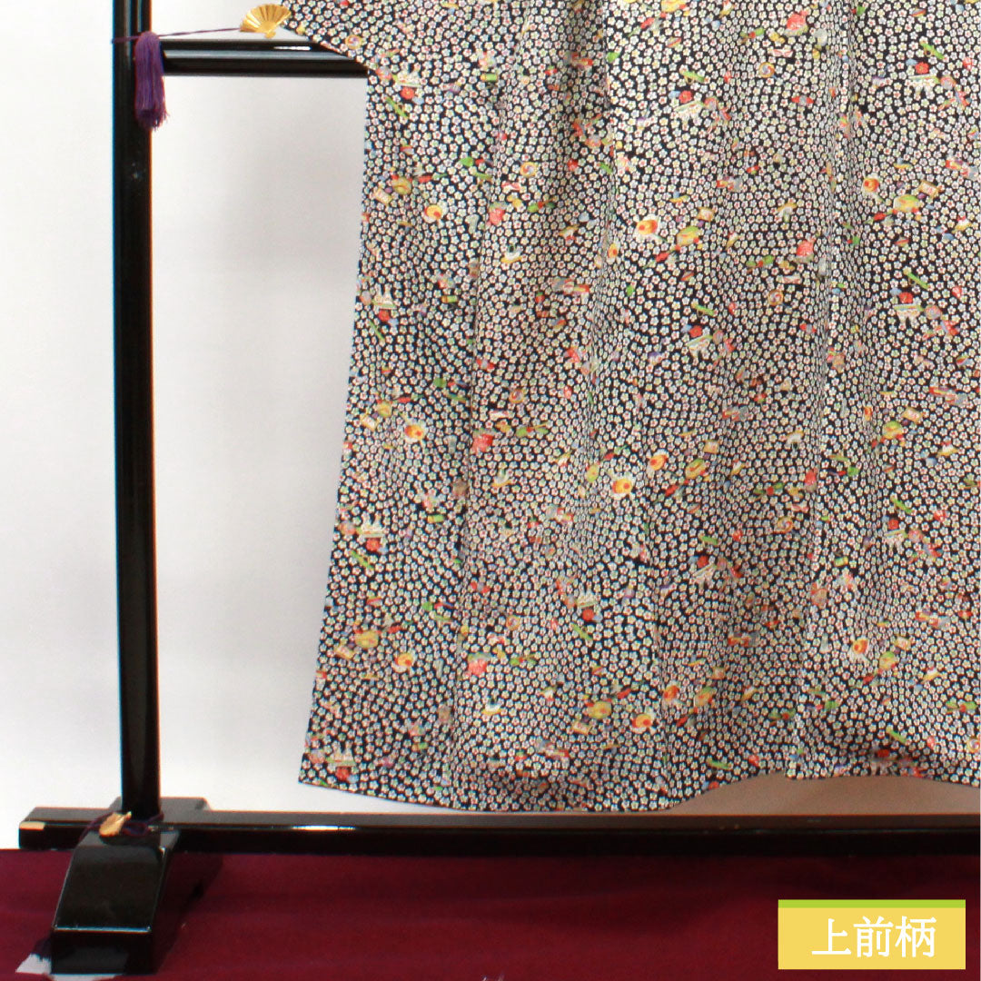 小紋 正絹 身丈152cm 裄丈60.5cm 袷  吉祥文様 しつけ糸付き 未使用品  Sランク 黒系 1115003822210