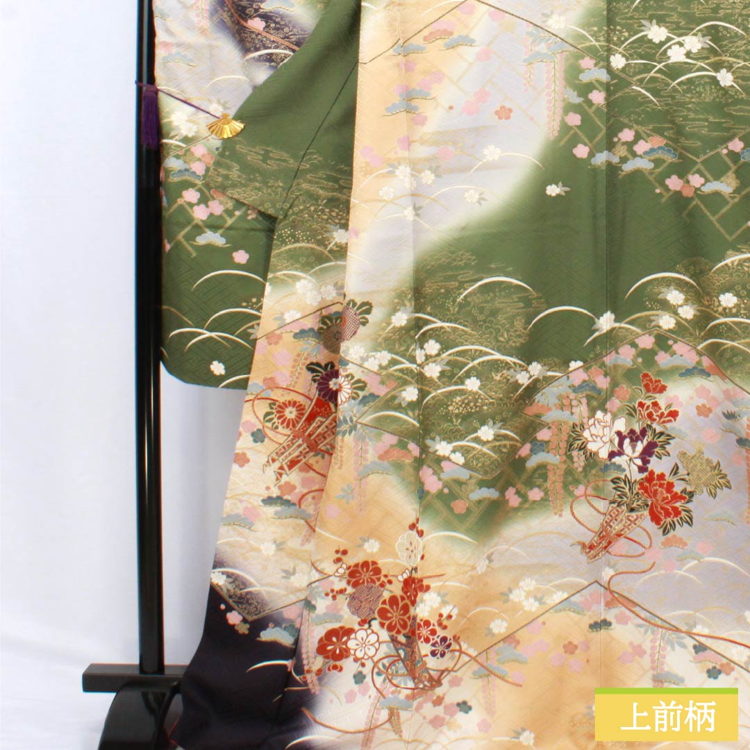振袖 正絹 Aランク 身丈170.5cm 裄丈68.5cm 袷 山鳩色（やまばといろ） 京友禅 吉祥文様 梅 松 緑系 1113002173619