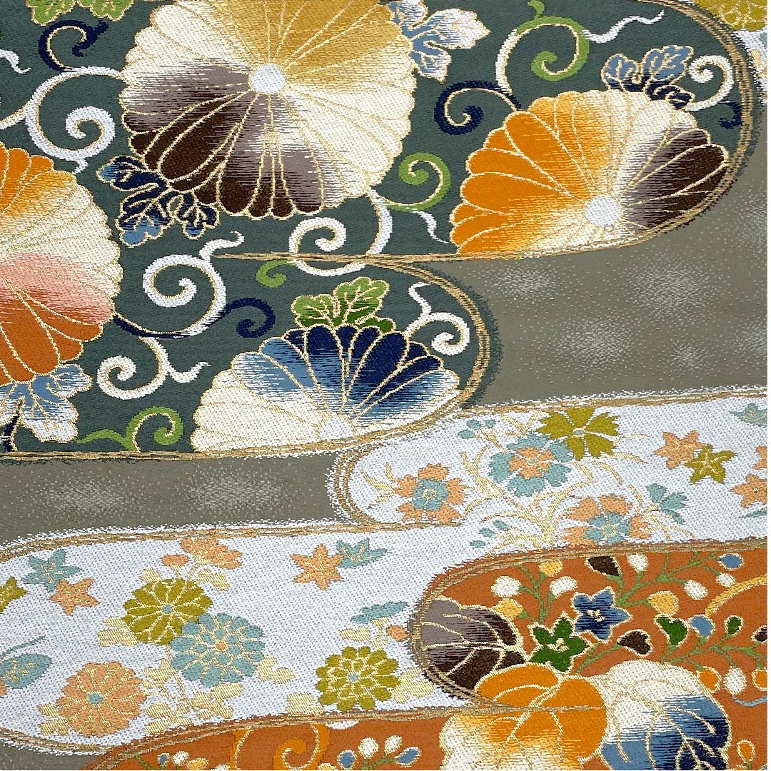 袋帯 白綾苑大庭 菊 桐 帯丈439cm 正絹 Sランク 六通 フォーマル グレー系 1123008592322