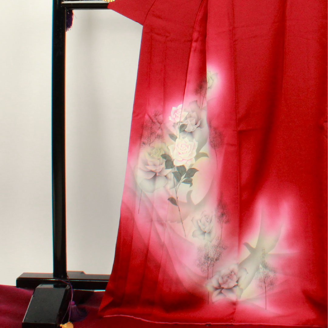 訪問着 袷 身丈170cm 裄丈69cm 葡萄色 手描き友禅 薔薇 正絹 Sランク 紫系 1112001702620