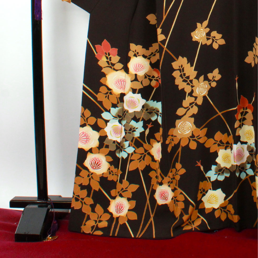 訪問着 袷 身丈161cm 裄丈70cm 黒鼠色 手描き友禅 草花模様 正絹 Sランク 黒系 1112001762410