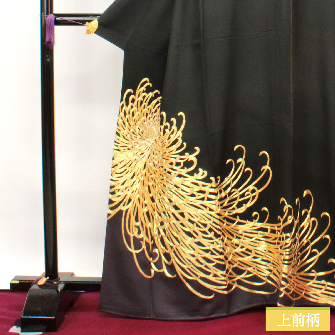 黒留袖 正絹 身丈163.5cm 裄丈66cm 袷  金駒刺繡 菊 揚羽蝶 五つ紋 Bランク 五つ紋 黒系 1111001194410