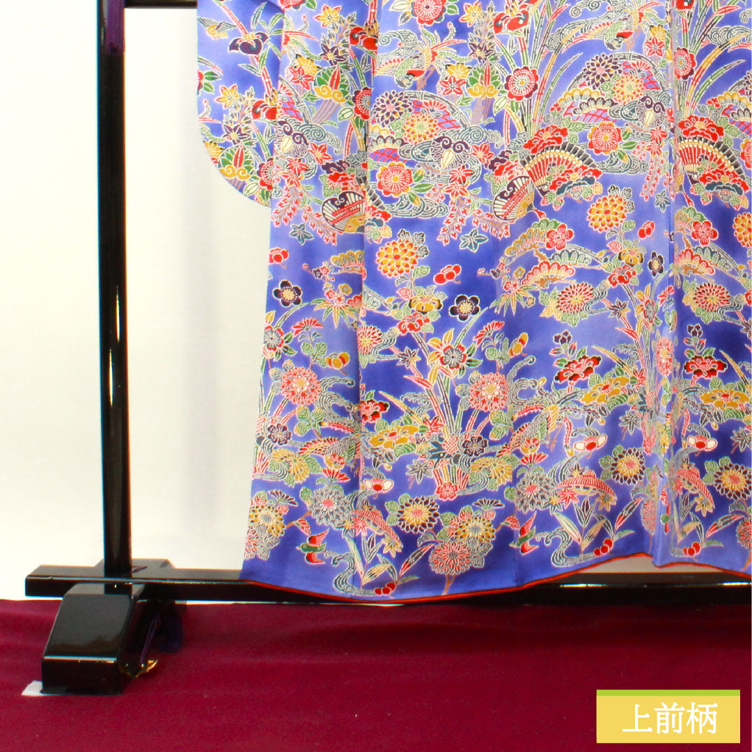 振袖 正絹 身丈156cm 裄丈62.5cm 袷  京紅型 吉祥文様  Aランク 紺系 1113001893318