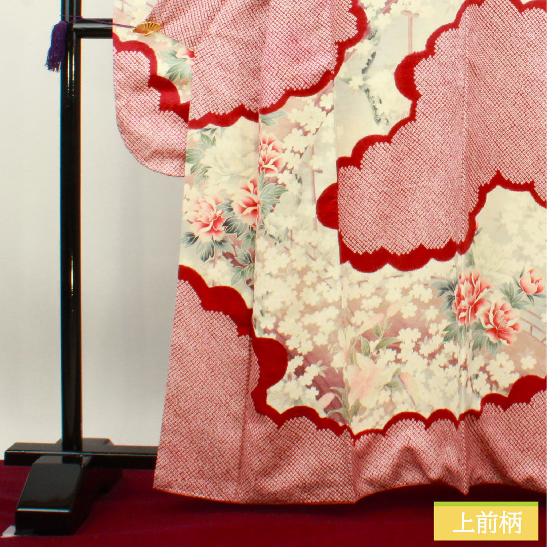 Furisode, pure silk, length 163.5cm, sleeve length 65cm, lined, crimson, Kyo-Yuzen, tie-dye, cherry blossom, rose, S rank, red, 1113001992412