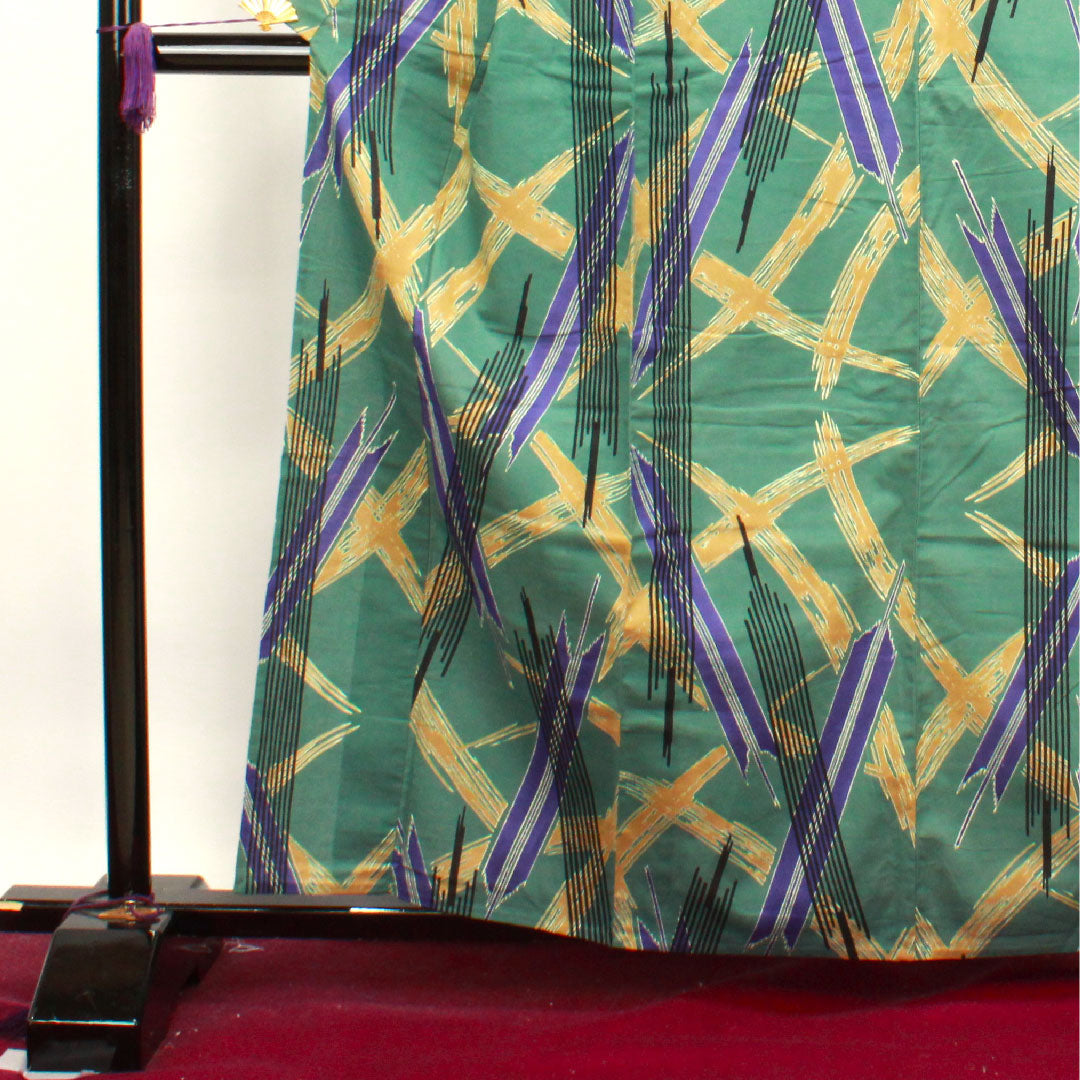 浴衣 萌葱色 幾何学模様 木綿 Aランク 単衣 身丈162cm 裄丈64.5cm 緑系 1118003963419