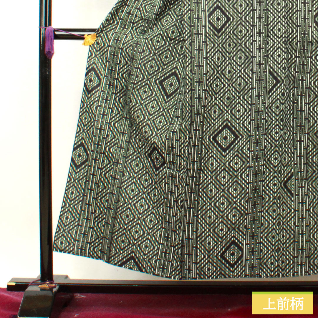 浴衣 木綿 身丈153.5cm 裄丈73cm Sランク 単衣 緑系 島松鼠色（しままつねずいろ） 男物 幾何学模様 山本寛斎 1118004902519