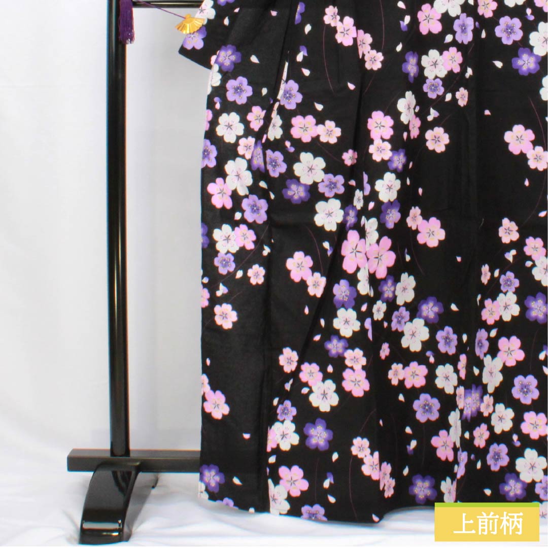 Cotton Yukata, Length 166.5cm, Sleeve Length 62.5cm, S Rank, Single Layer, Black, Cherry Blossom Design, 1118005932510