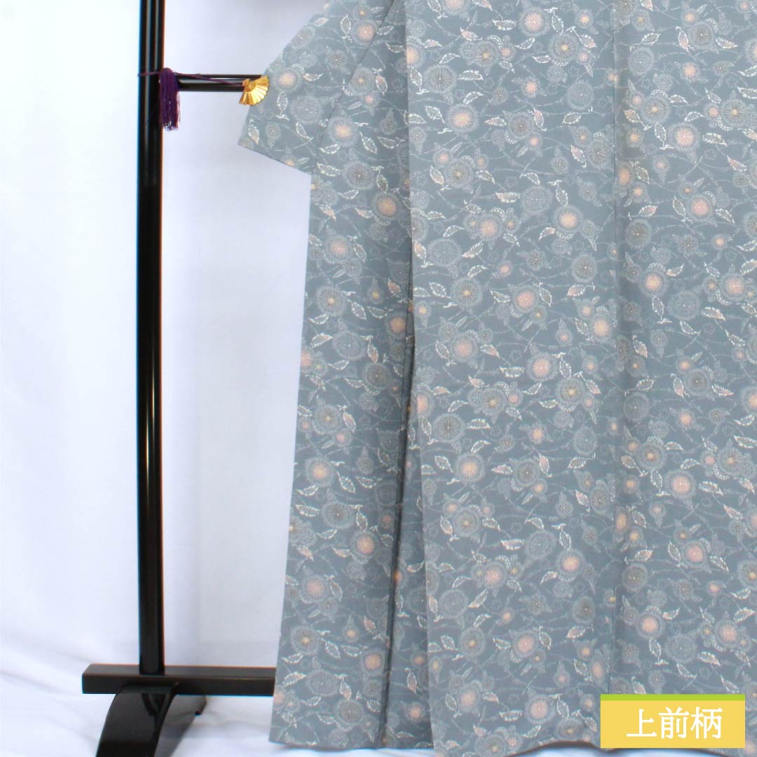 小紋 正絹 Sランク 身丈165cm 裄丈66cm 袷 湊鼠色（みなとねずいろ） 型染 ちりめん地 草木模様  青系 1115007382517