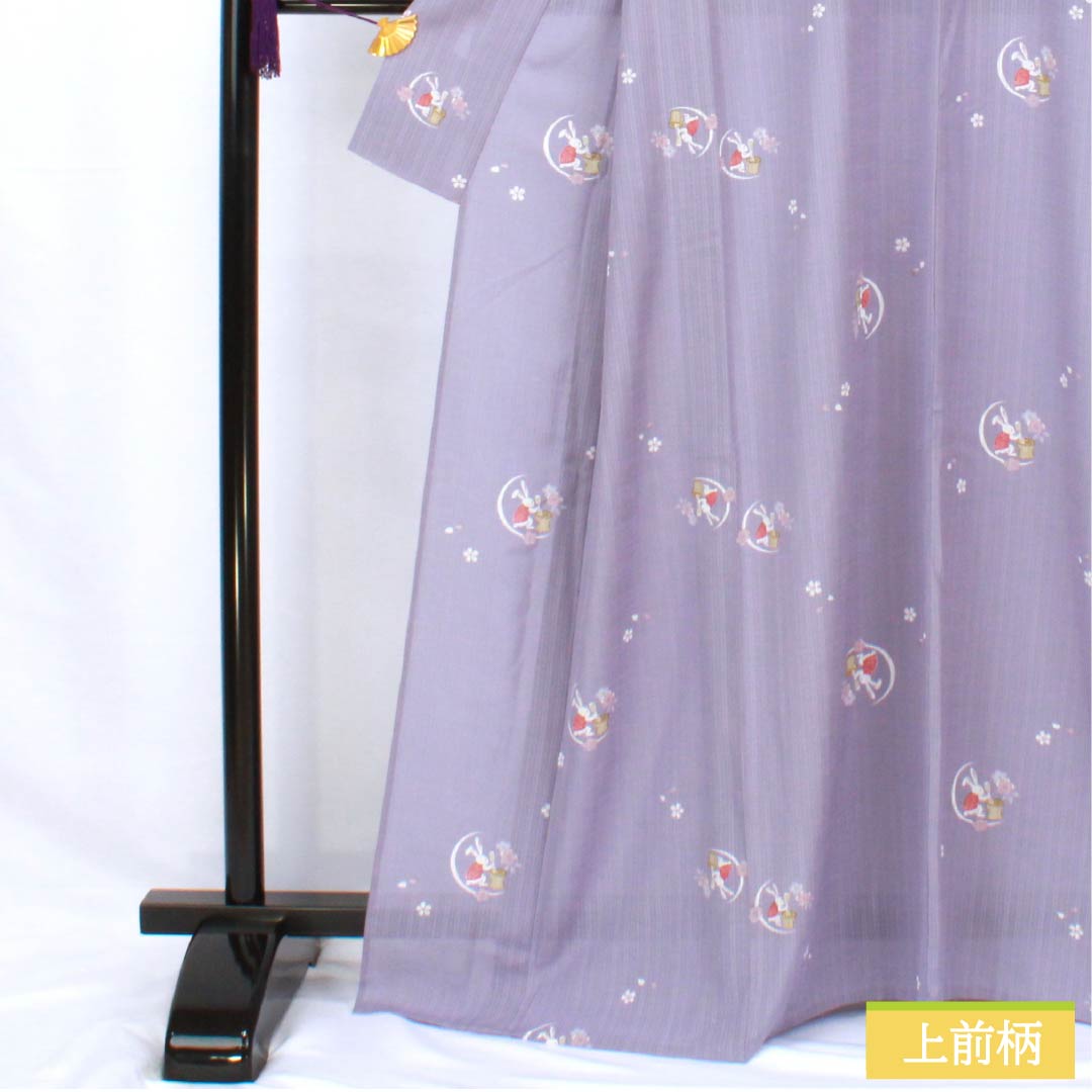 夏物 ポリエステル 小紋 身丈167cm 裄丈64.5cm 紅湊色（べにみなといろ） 月見うさぎ 洗える着物 紗 Sランク 紫系 1132002172520