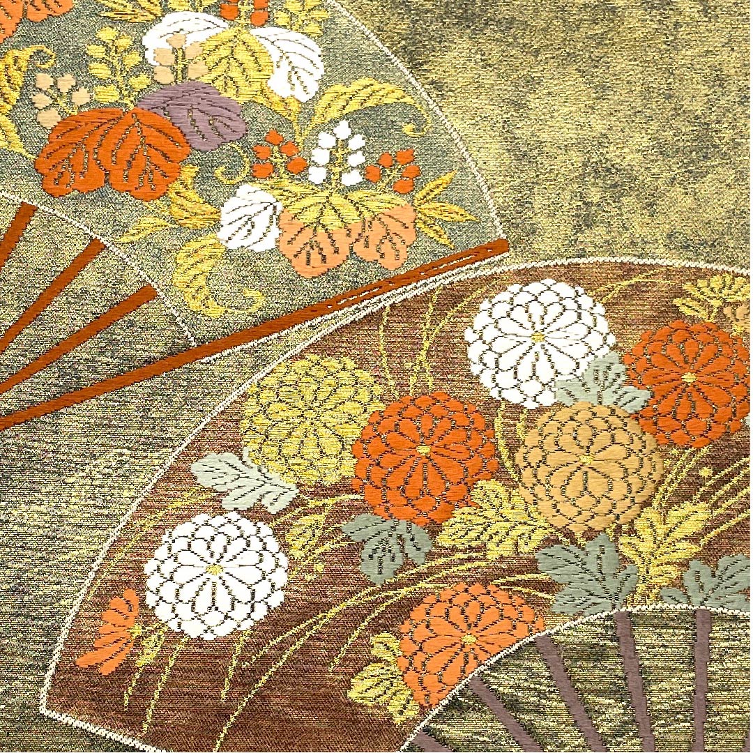 （未仕立）袋帯 金色 扇面 花模様 帯丈443cm 正絹 Sランク 六通 フォーマル 金系 1123005932321