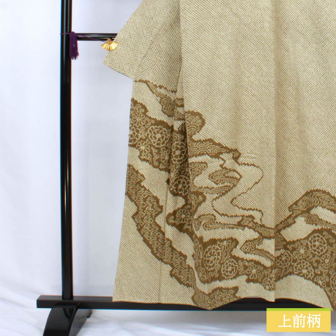 訪問着 正絹 Aランク 袷 身丈153cm 裄丈62.5cm 千歳茶色（せんざいちゃいろ） 絞り 菊 流水 しつけ糸付き 緑系 1112006753219